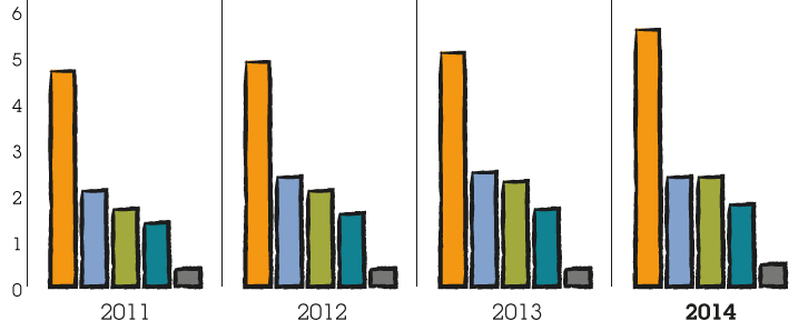 Four bar graphs representing revenue in faster-growing markets 2011-2014.